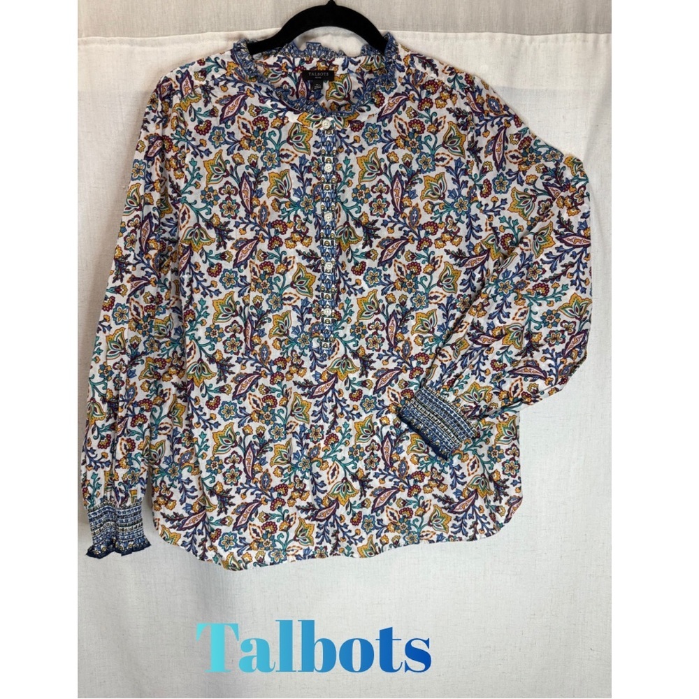 Talbots Floral Blouse Size XLP Ruffle Neck Long Sleeve Boho Print Top